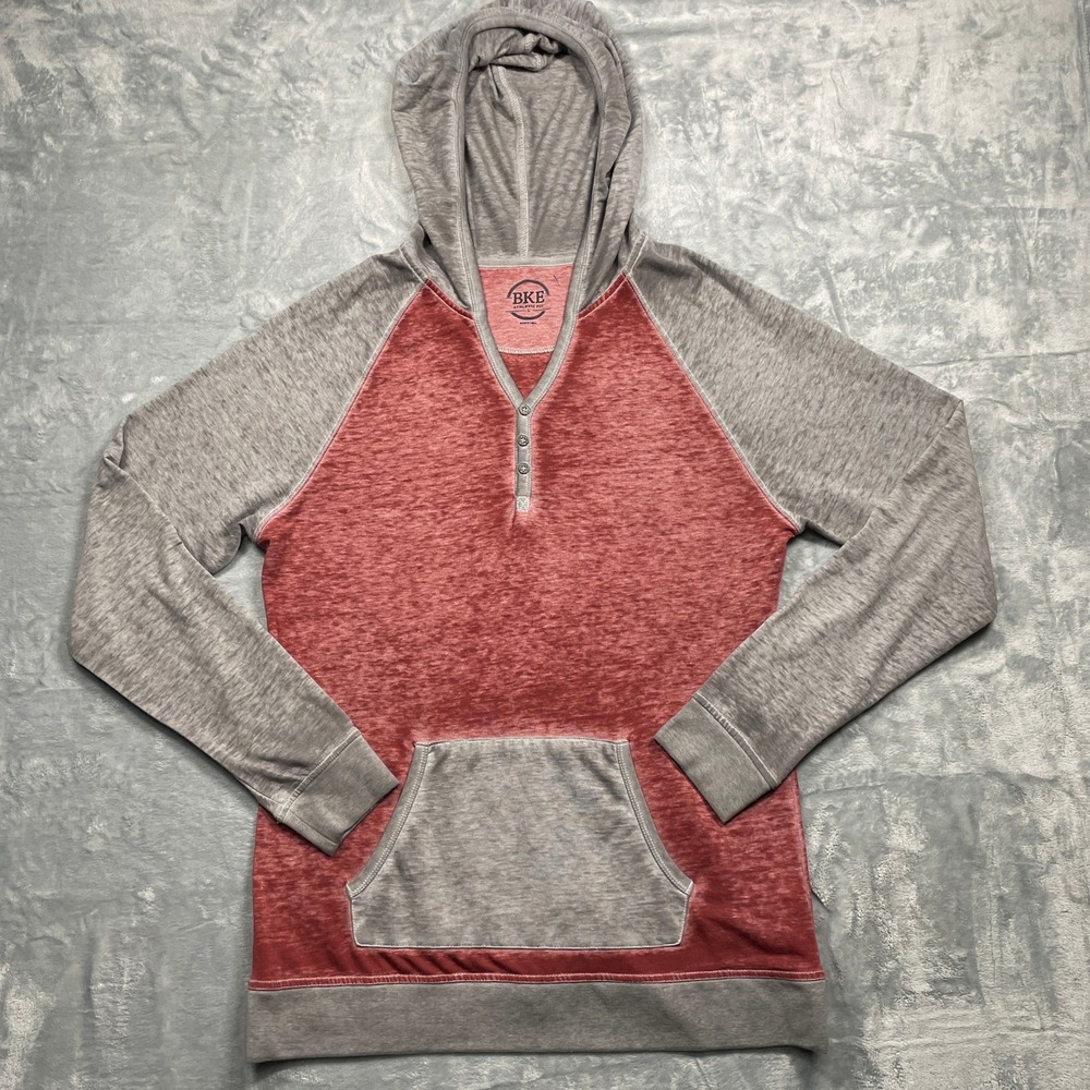 BKE Buckle Hoodie Mens Large Red Grey Athletic Fit Henley Pullover Buttons